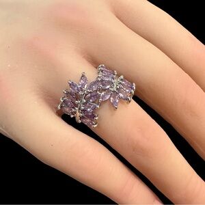 Purple Crystal Leaf Ring Silver Tone Size 7